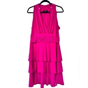 Jones New York hot pink sleeveless vneck midi dress, 16, tiered, ruched, Sexy